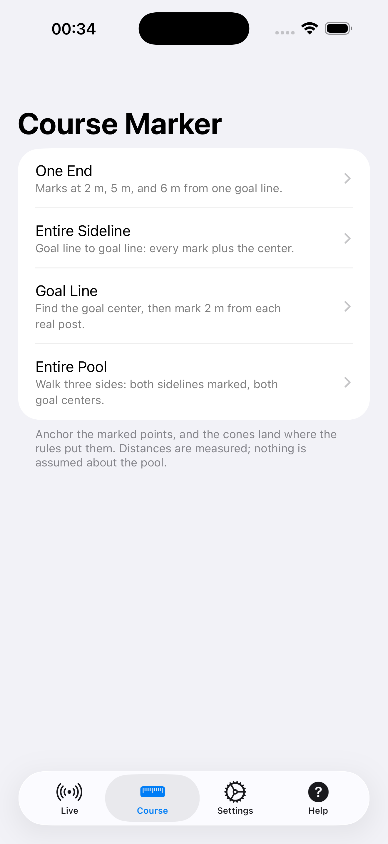 The Course tab's measuring modes: One End, Entire Sideline, Goal Line, Entire Pool