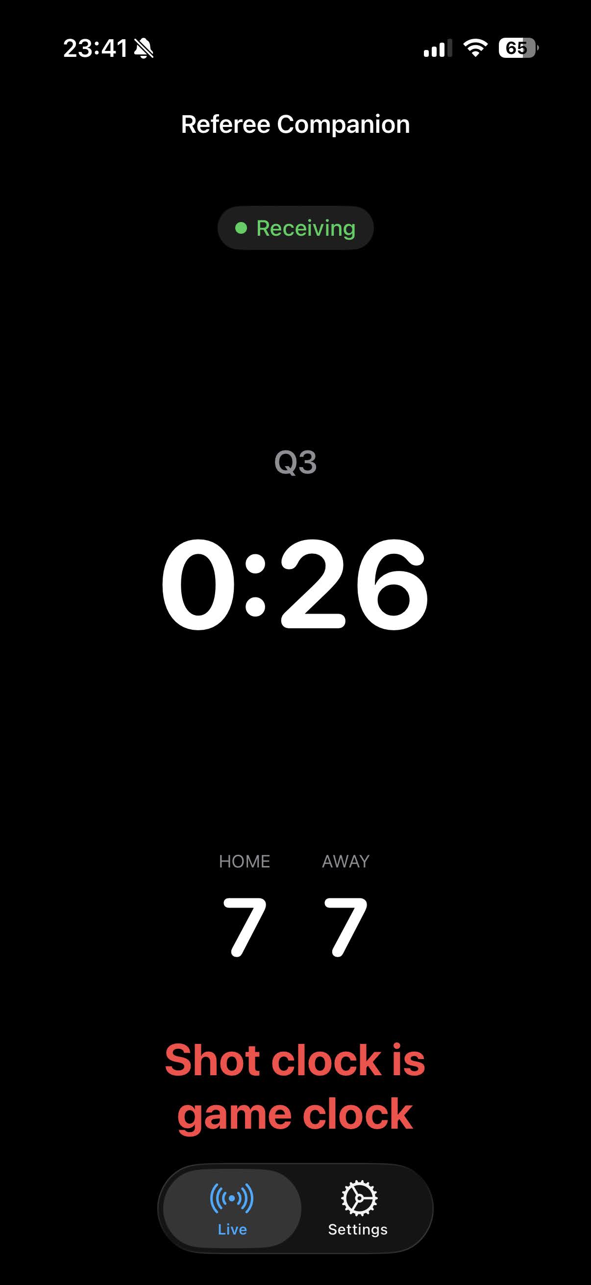 A cue on screen as it is spoken: Shot clock is game clock