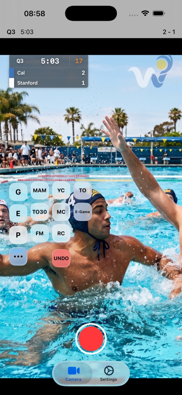 The event buttons for goals, exclusions, cards, and timeouts