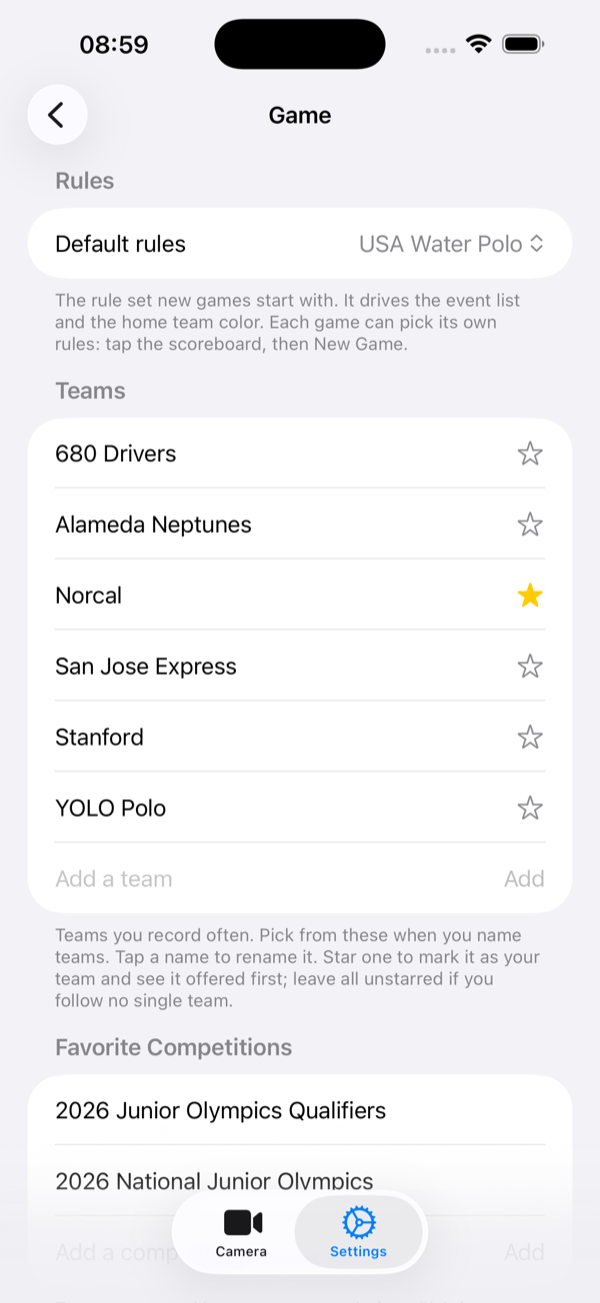 Favorite teams and competitions kept for quick game setup