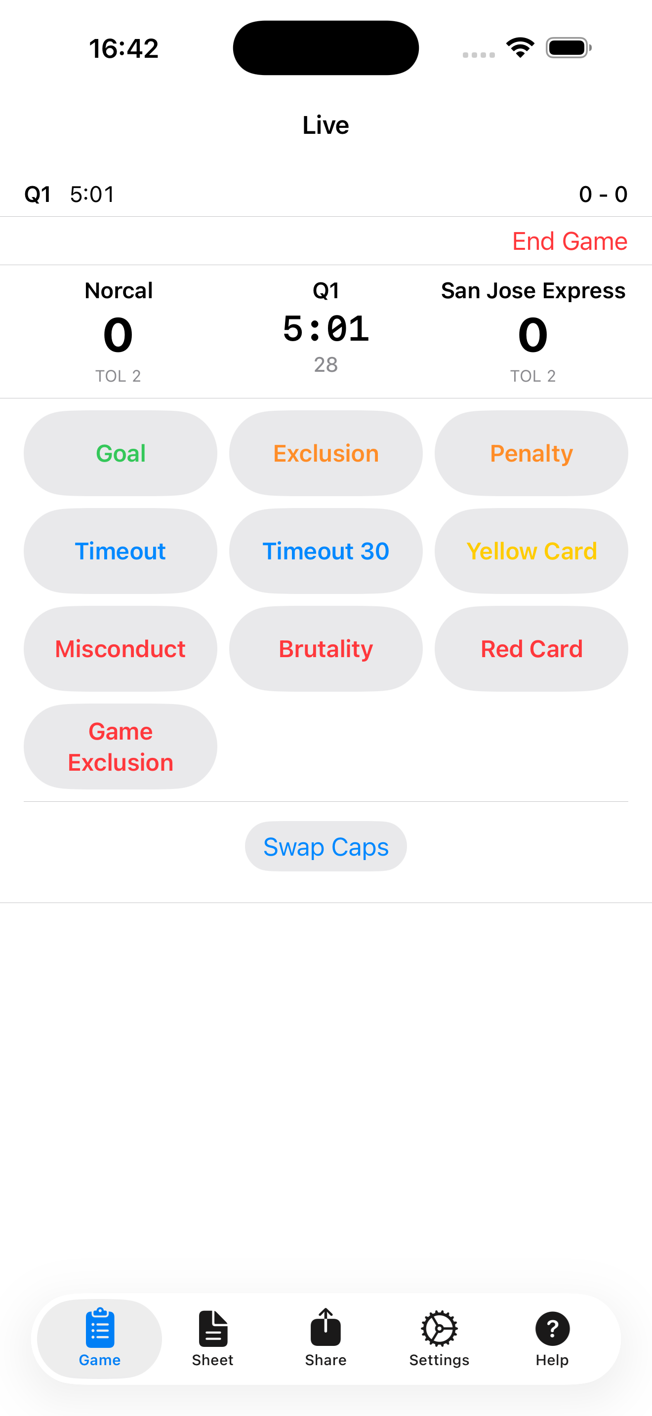 The Game tab keeping the book live: score, clock, and one-tap events