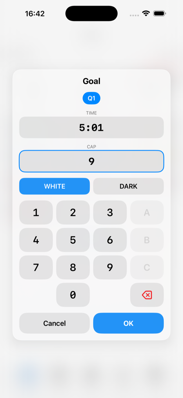 Logging a goal: period and clock filled in, cap number on the numpad